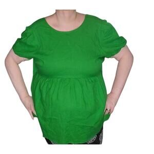 NEW Scoop Linen Blend Peplum Top XL Kelly Green Puff Sleeve Open Bow Back